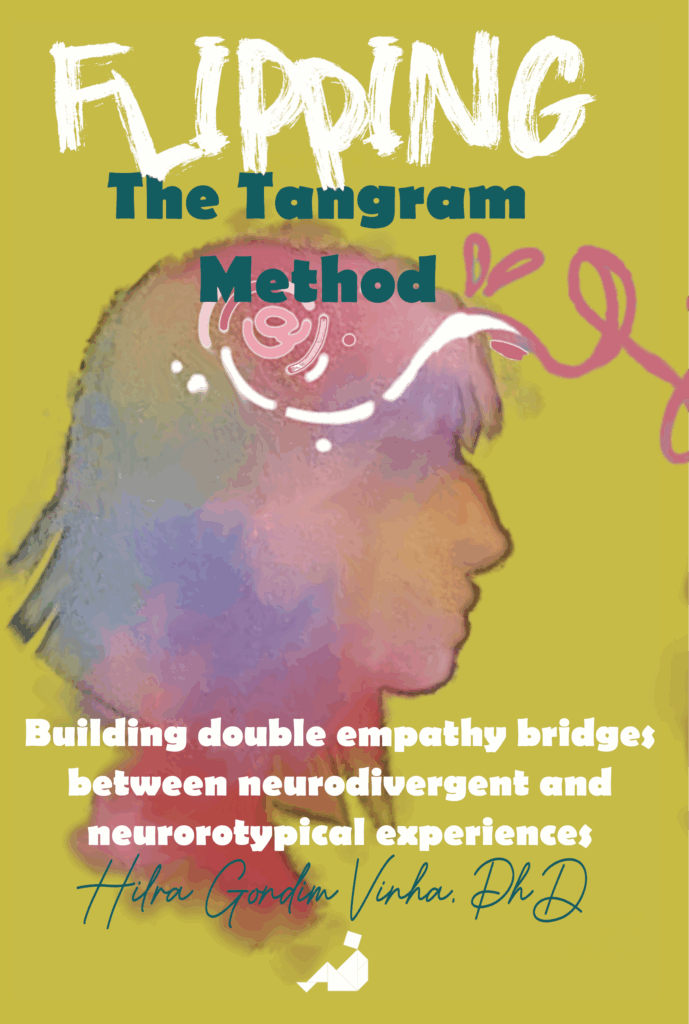 Cover of Flippinf the tangram method. 
This cover has a yellow background with dark green and white fonts. There is an image of a person's head drawn in watercolour style. The face is looking sideways towards the right. 