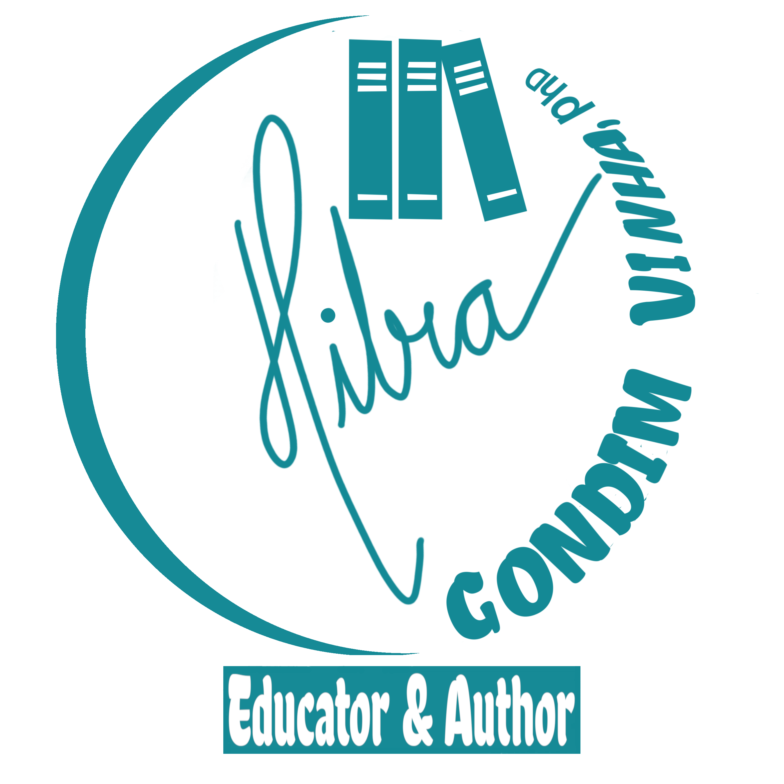 Hilra Gondim Vinha - images of three book icons and what looks like Hilra's signature - underneath that it reads Educator and Author